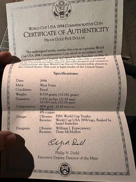 1994年 W杯 アメリカ大会記念 5ドル金貨 プルーフ（証明書・ケース付）（金・貴金属）の商品画像 - 査定依頼日：2026年3月18日 - 最高査定価格：200,000円