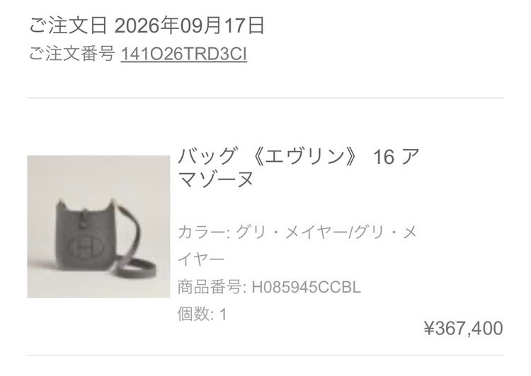 エルメス エブリン（ブランドバッグ）の商品画像 - 査定依頼日：2026年9月17日 - 最高査定価格：300,000円
