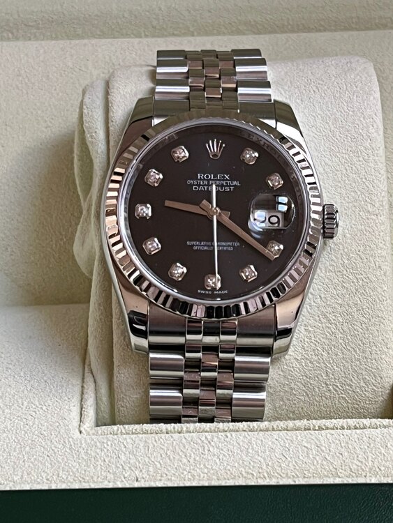 ロレックスデイトジャスト10ポイントダイヤ付ブラック文字盤（高級時計）の商品画像 - 査定依頼日：2025年2月19日 - 最高査定価格：1,300,000円