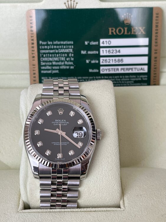 ロレックスデイトジャスト10ポイントダイヤ付ブラック文字盤（高級時計）の商品画像 - 査定依頼日：2025年2月19日 - 最高査定価格：1,300,000円