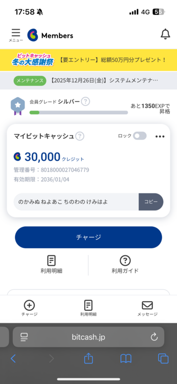 ビットキャッシュ（チケット・金券）の商品画像 - 査定依頼日：2026年1月4日 - 最高査定価格：100,000円