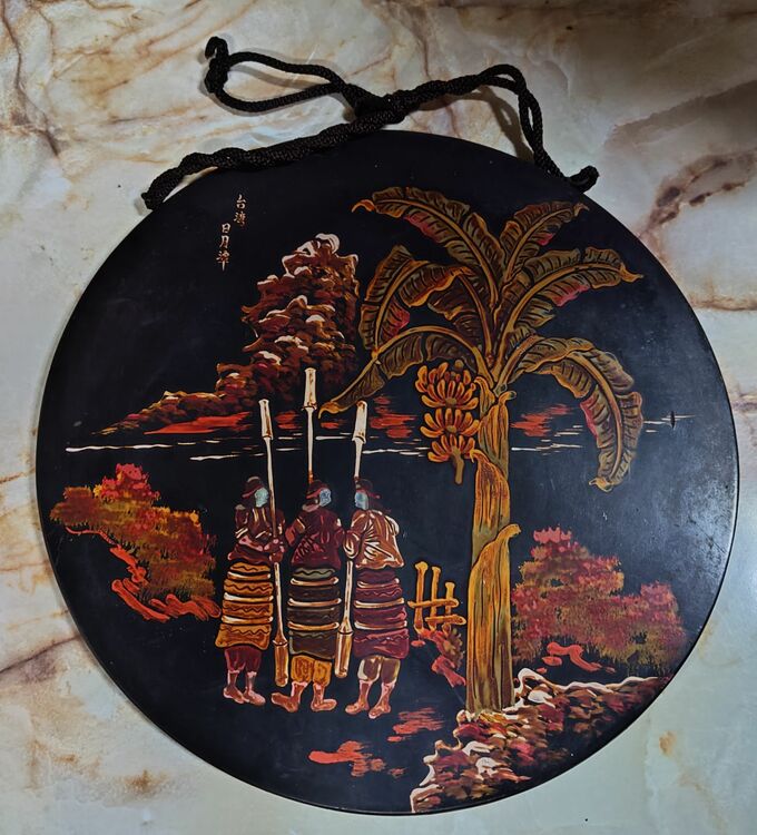 戦前台湾漆器螺鈿細工丸型木製壁掛け 台湾日月潭（美術品・骨董