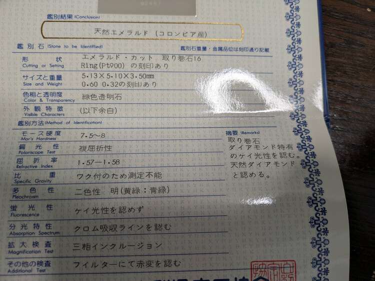 天然エメラルド（コロンビア産）（宝石）の商品画像 - 査定依頼日：2025年4月25日 - 最高査定価格：100,000円